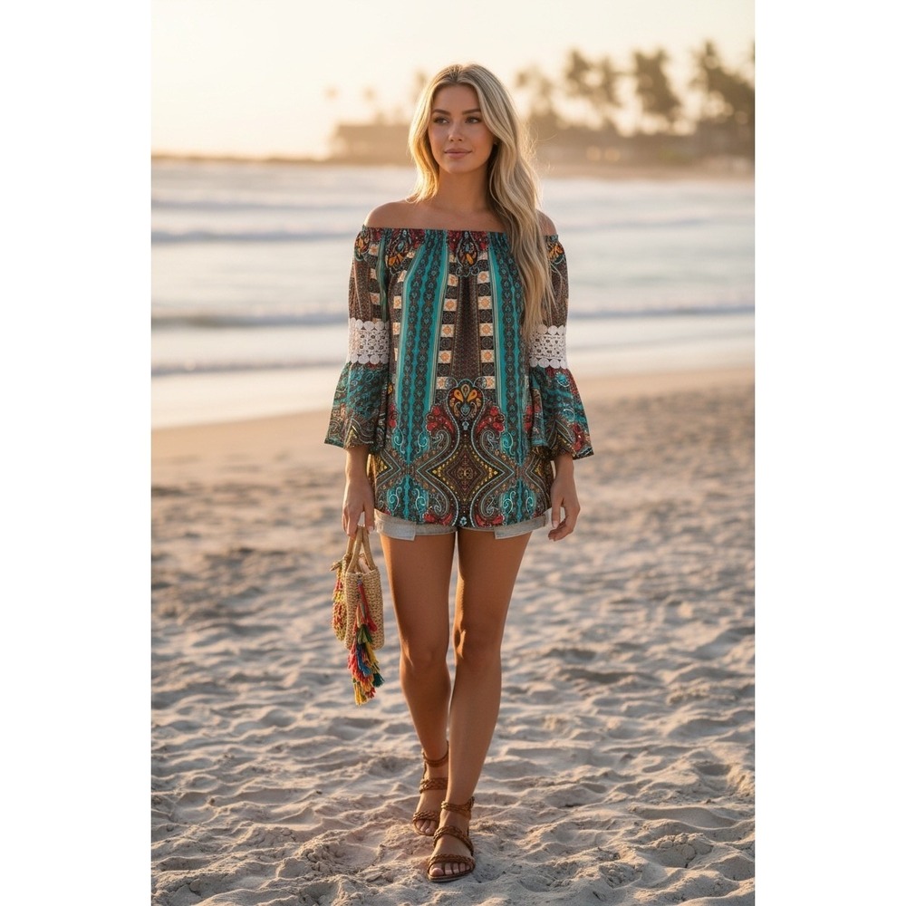 Boho Off Shoulder Tunic Womens L XL Teal Paisley Bell Sleeve Coastal Top